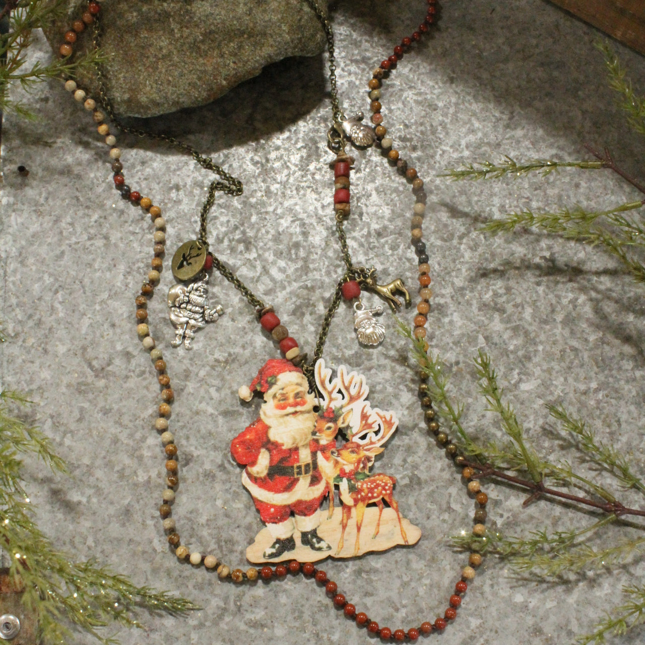 Holiday Charms & Santa W/His Reindeer Pendant Necklace