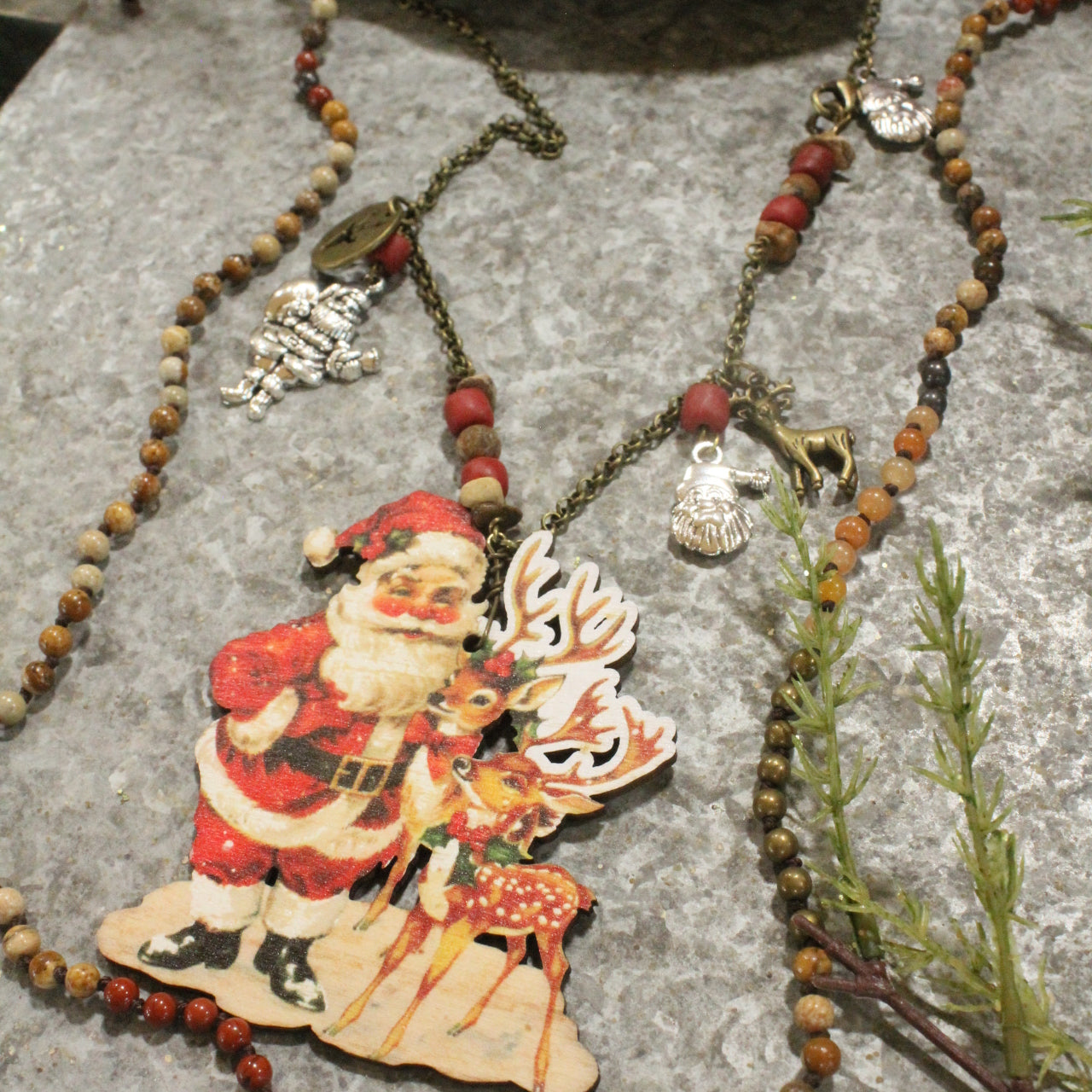 Holiday Charms & Santa W/His Reindeer Pendant Necklace