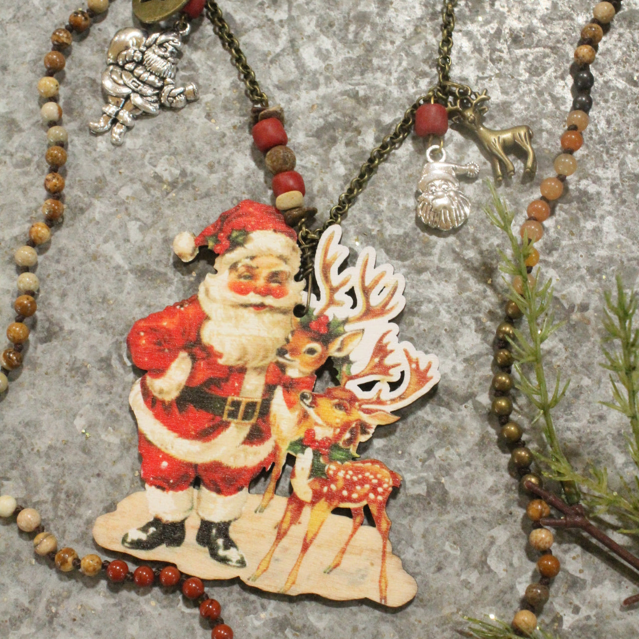 Holiday Charms & Santa W/His Reindeer Pendant Necklace