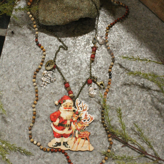 Holiday Charms & Santa W/His Reindeer Pendant Necklace