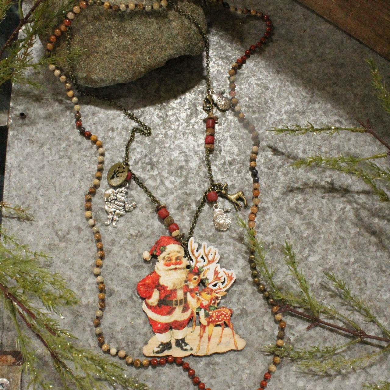 Holiday Charms & Santa W/His Reindeer Pendant Necklace