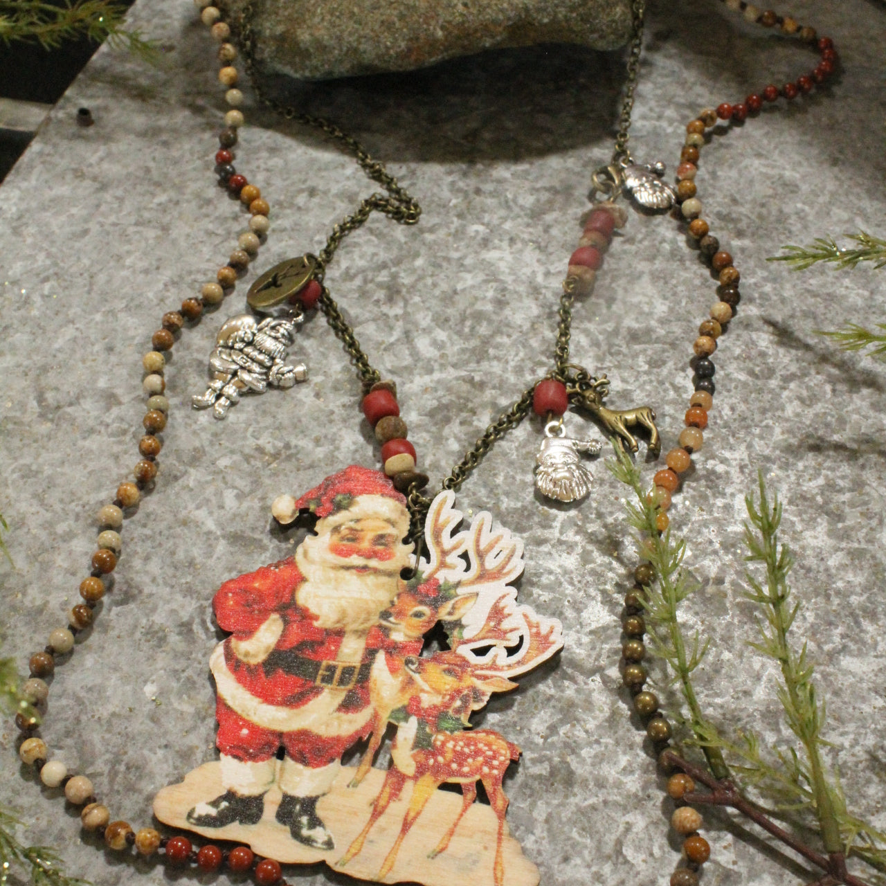 Holiday Charms & Santa W/His Reindeer Pendant Necklace