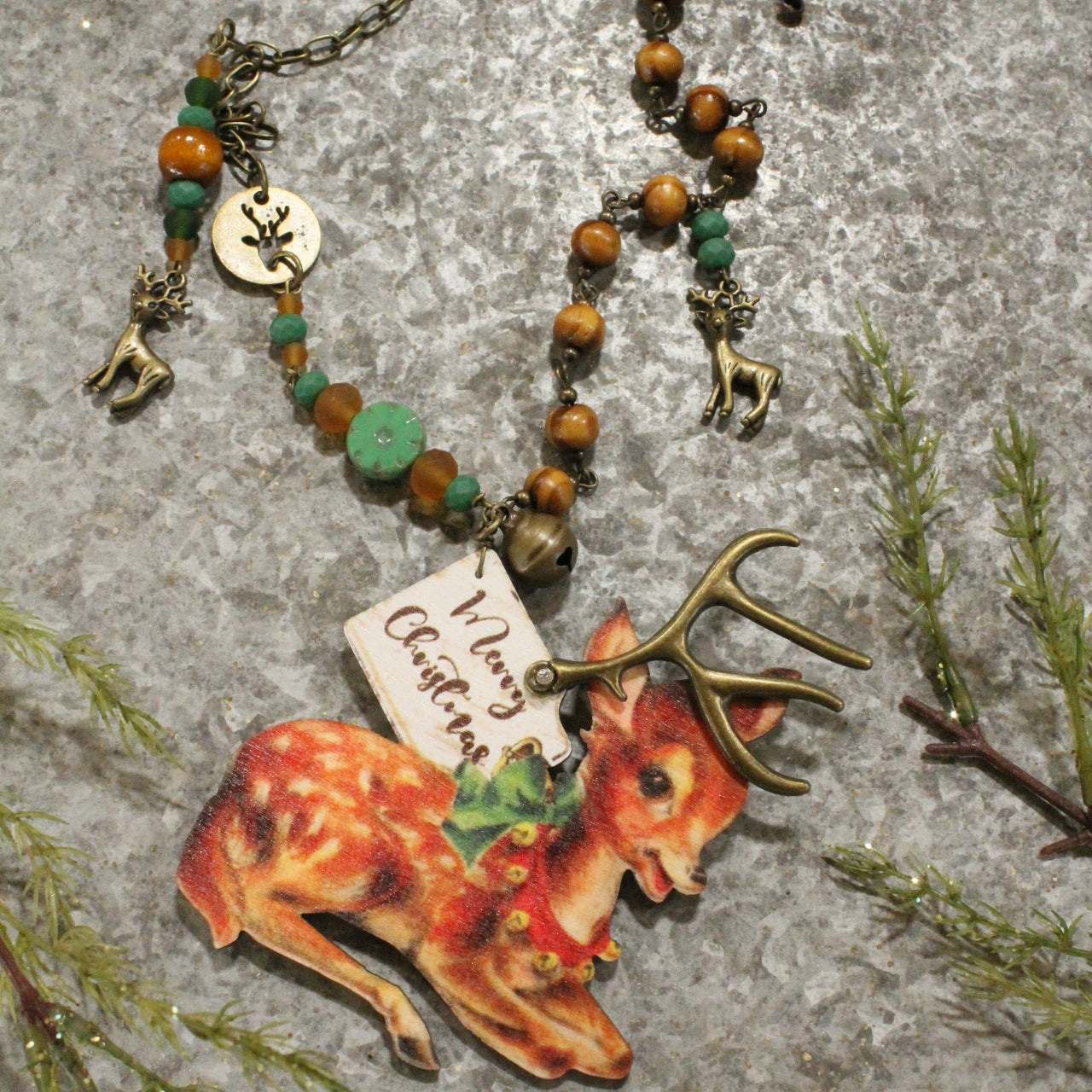 Vintage Reindeer Postcard Charm Necklace