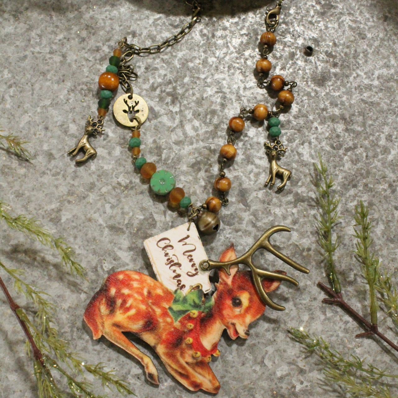 Vintage Reindeer Postcard Charm Necklace