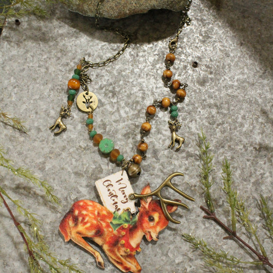 Vintage Reindeer Postcard Charm Necklace