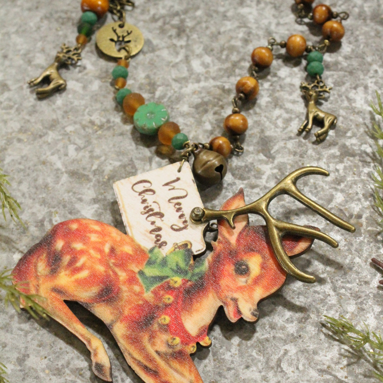 Vintage Reindeer Postcard Charm Necklace