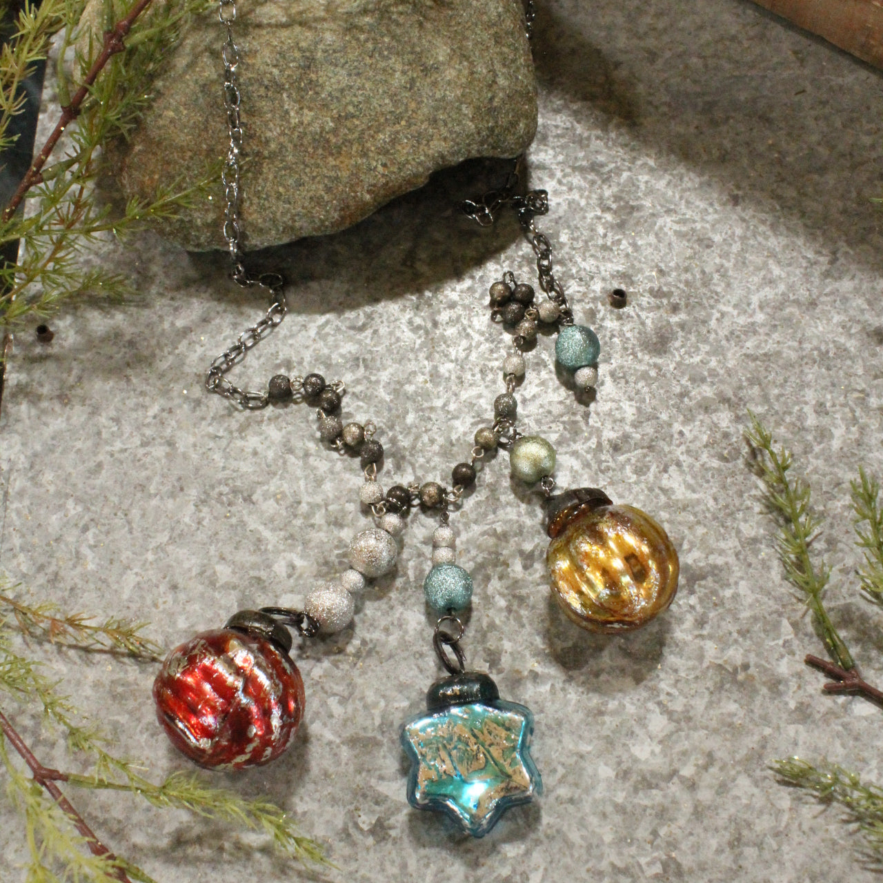 Vintage Mercury Glass & Retro Ornament Celebration Necklace