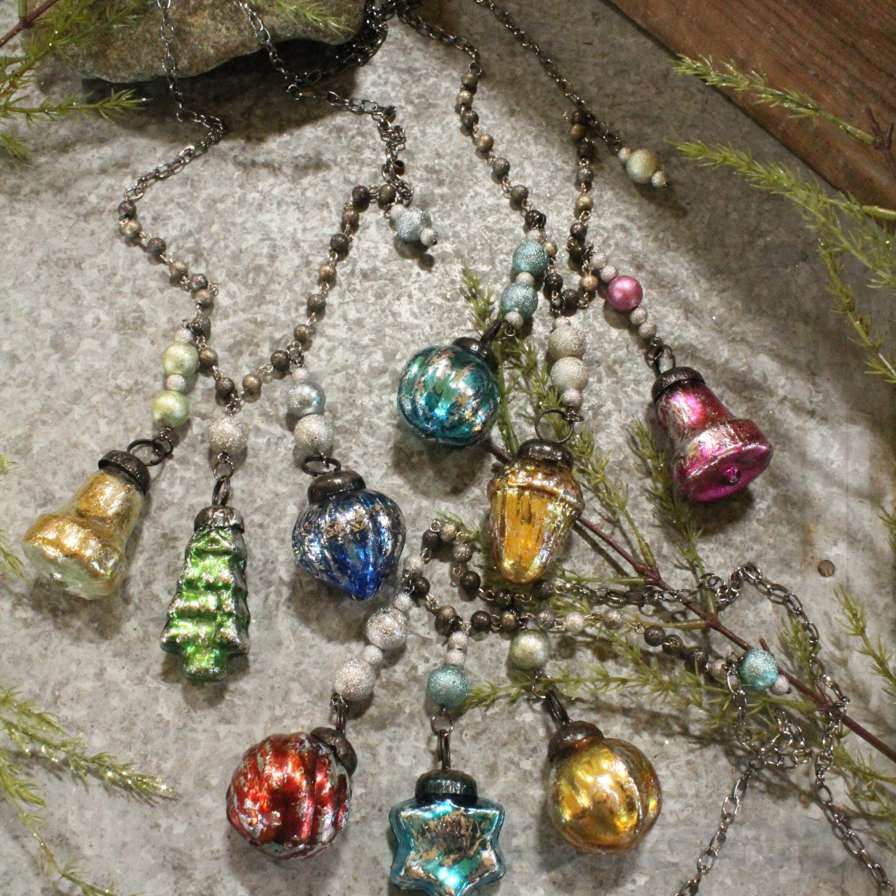 Vintage Mercury Glass & Retro Ornament Celebration Necklace