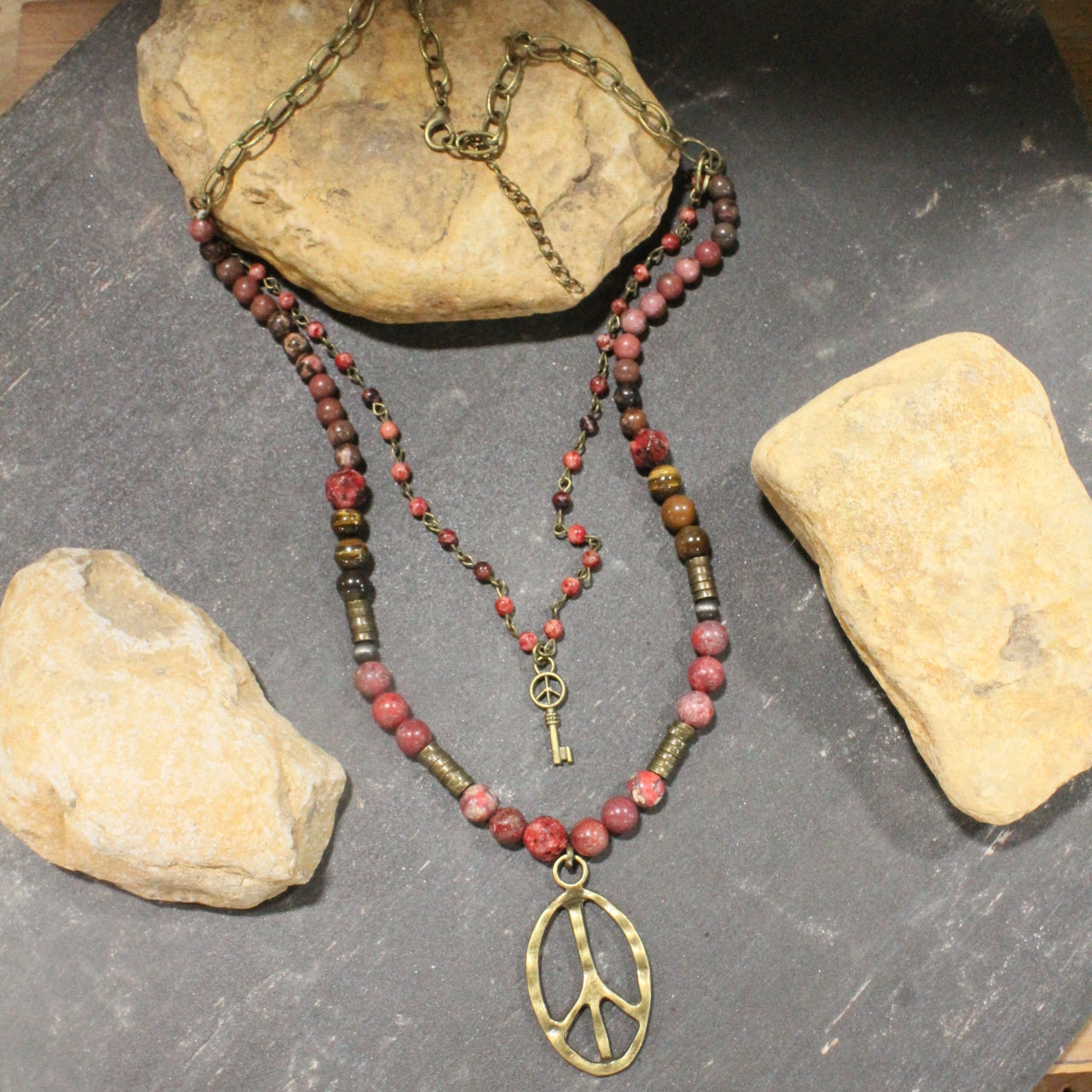 Pleasingly Peace Raspberry Red Layered Necklace