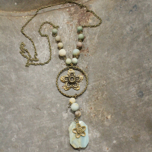 Always In Bloom Bronze Flower & Mint Stone Necklace