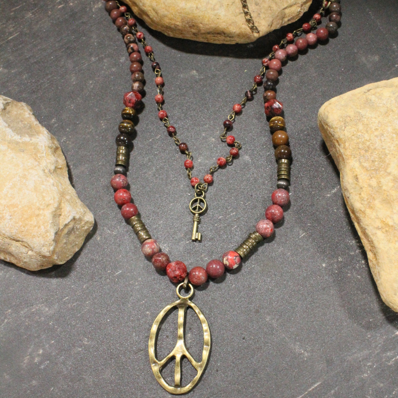 Pleasingly Peace Raspberry Red Layered Necklace