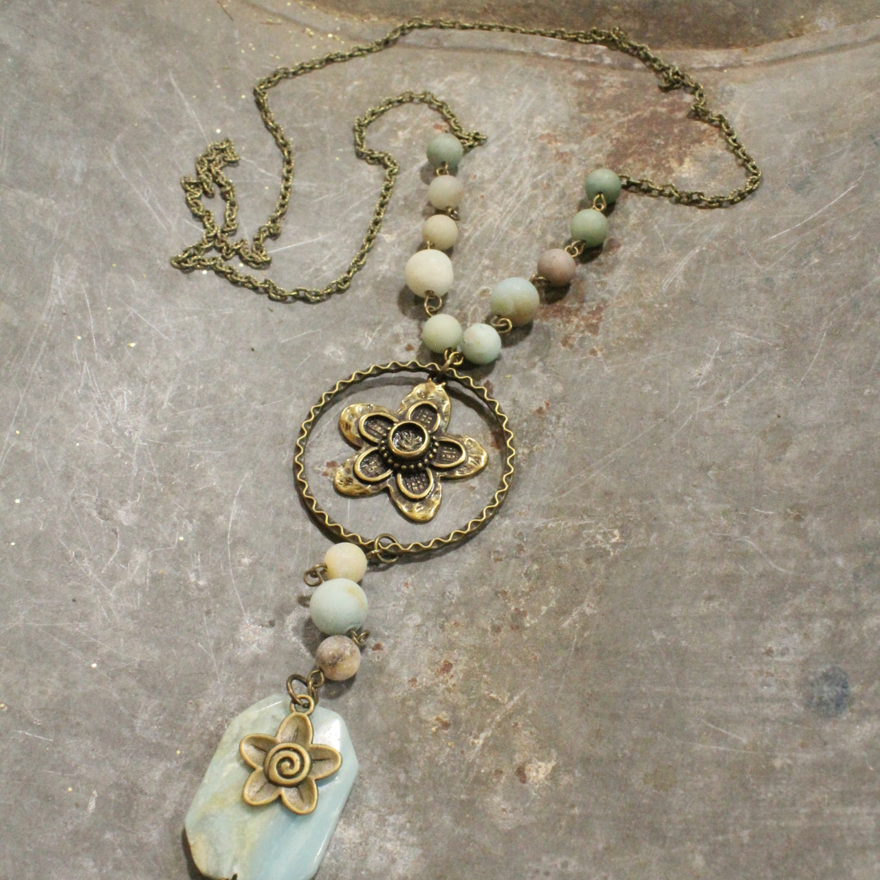 Always In Bloom Bronze Flower & Mint Stone Necklace