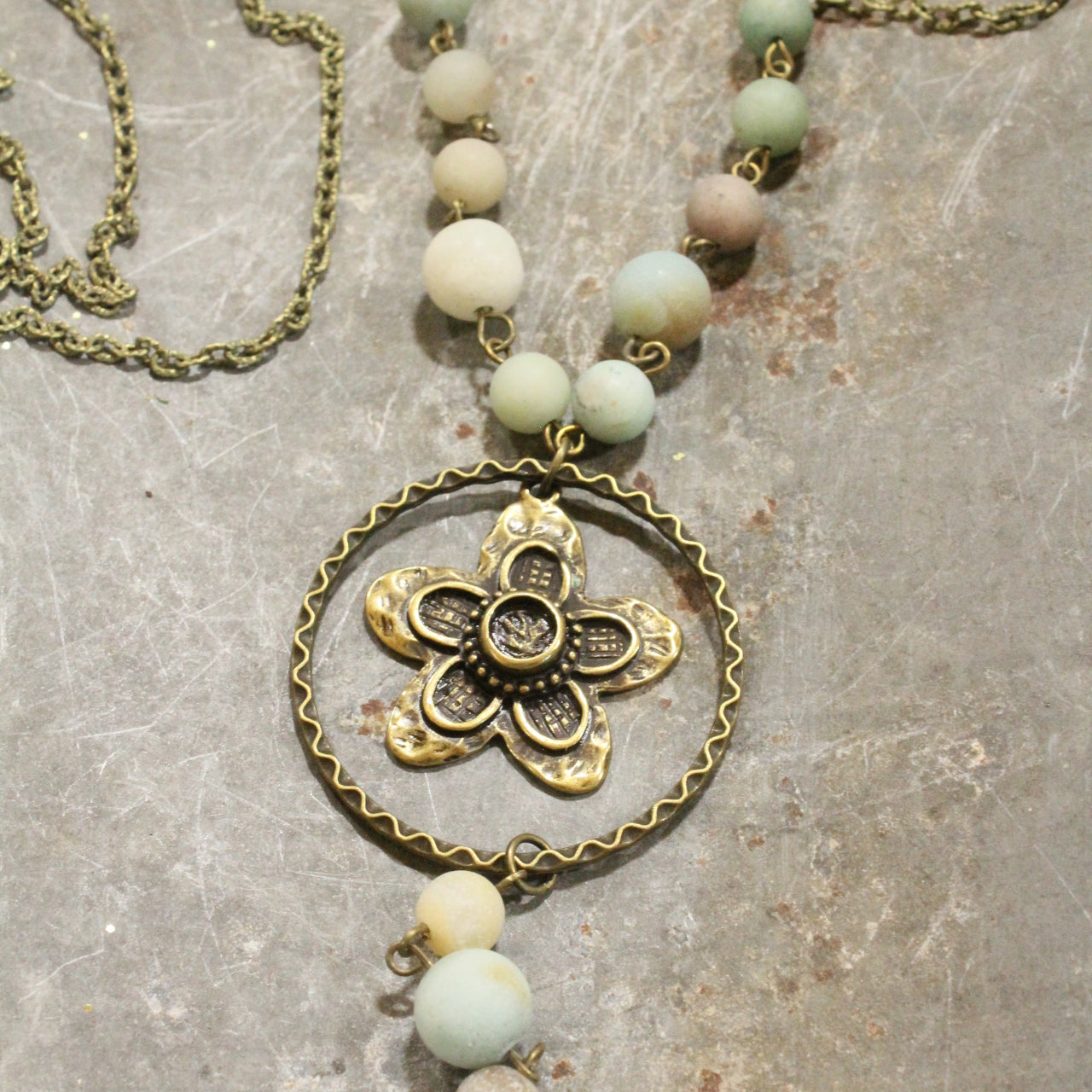 Always In Bloom Bronze Flower & Mint Stone Necklace