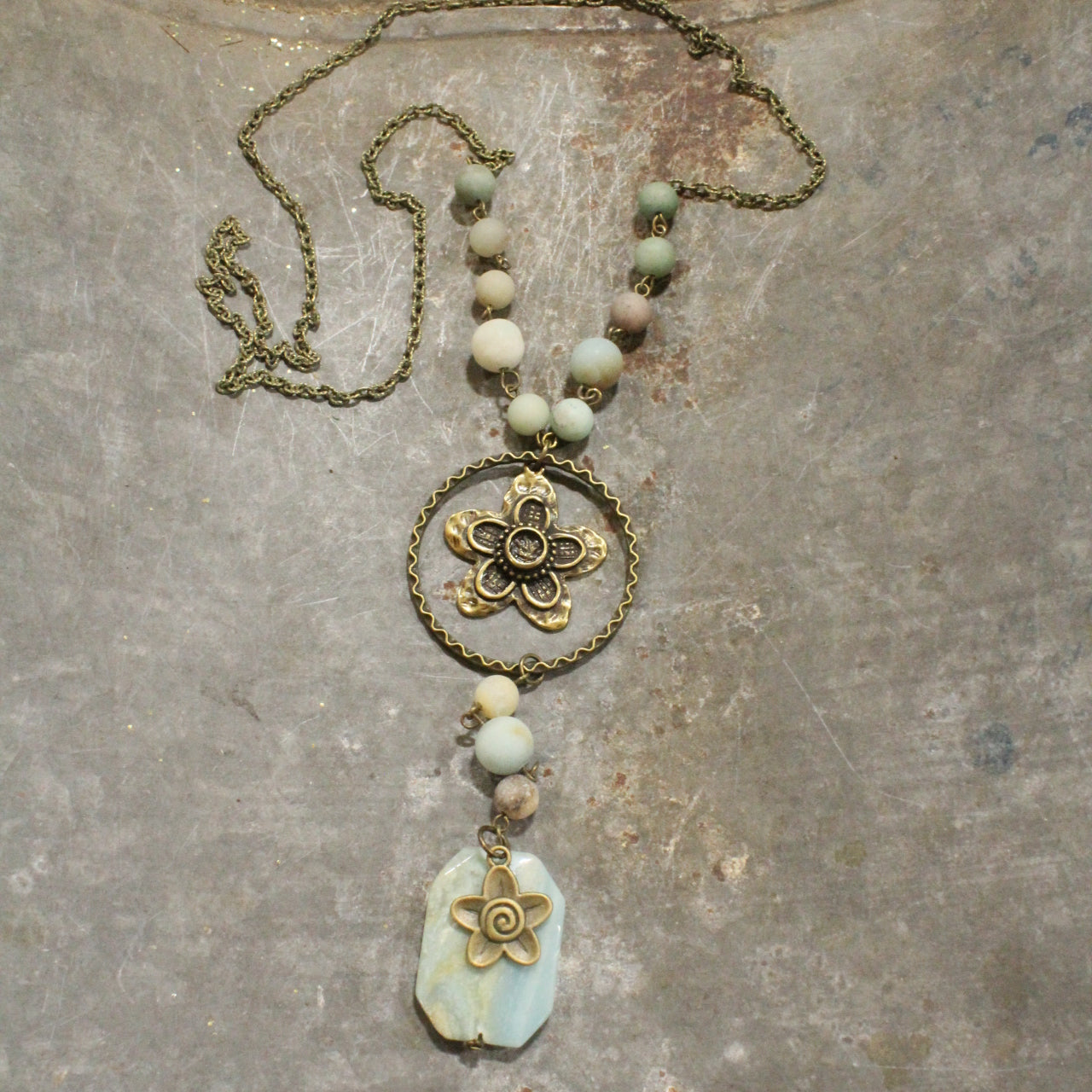 Always In Bloom Bronze Flower & Mint Stone Necklace