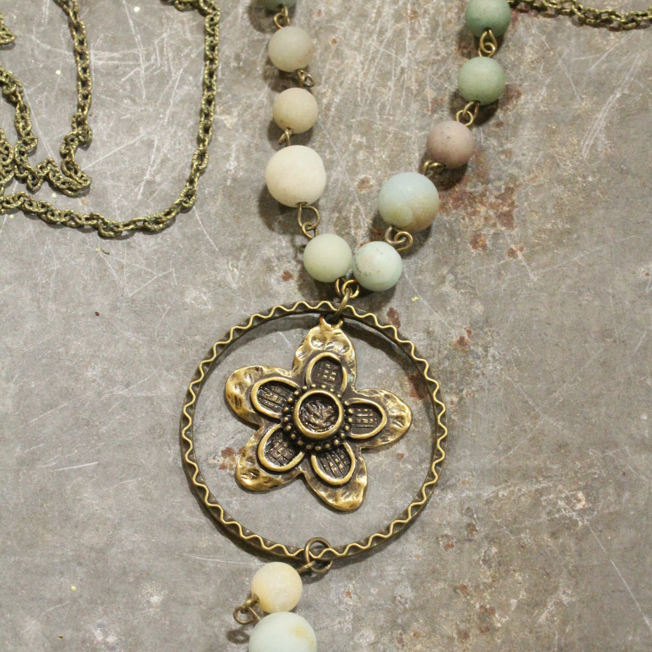 Always In Bloom Bronze Flower & Mint Stone Necklace