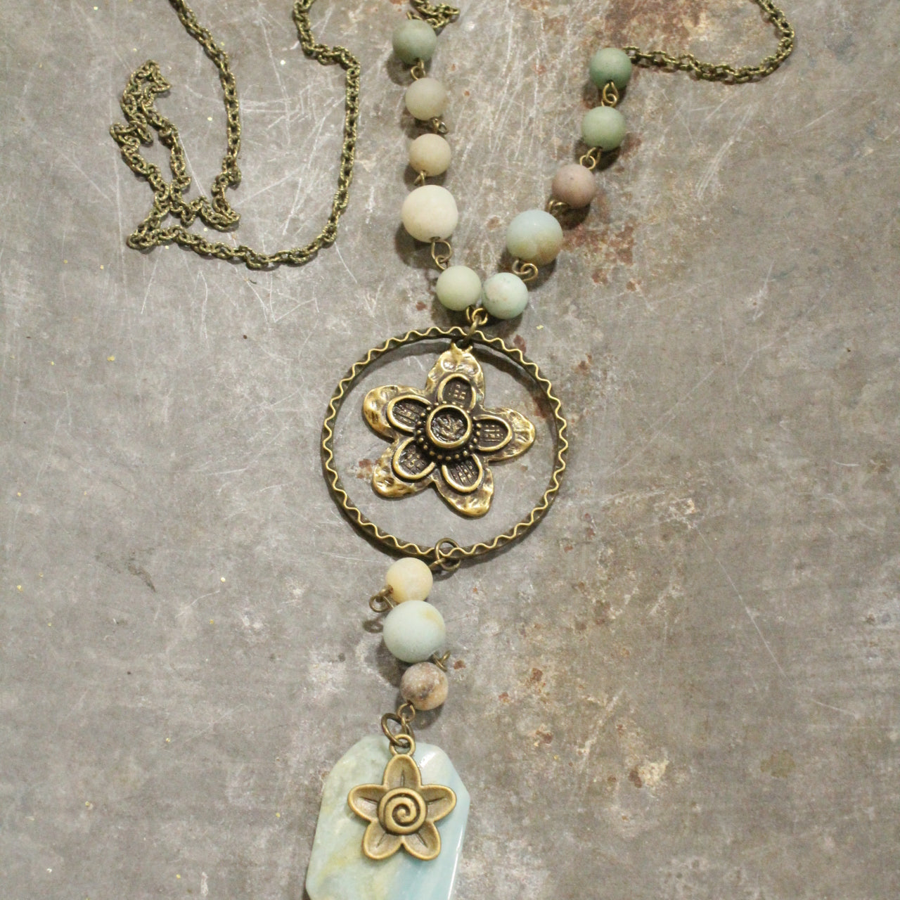 Always In Bloom Bronze Flower & Mint Stone Necklace