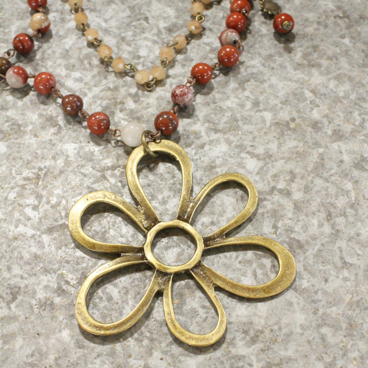 Stone Layered Vintage Bronze Drop Flower Pendant Necklace