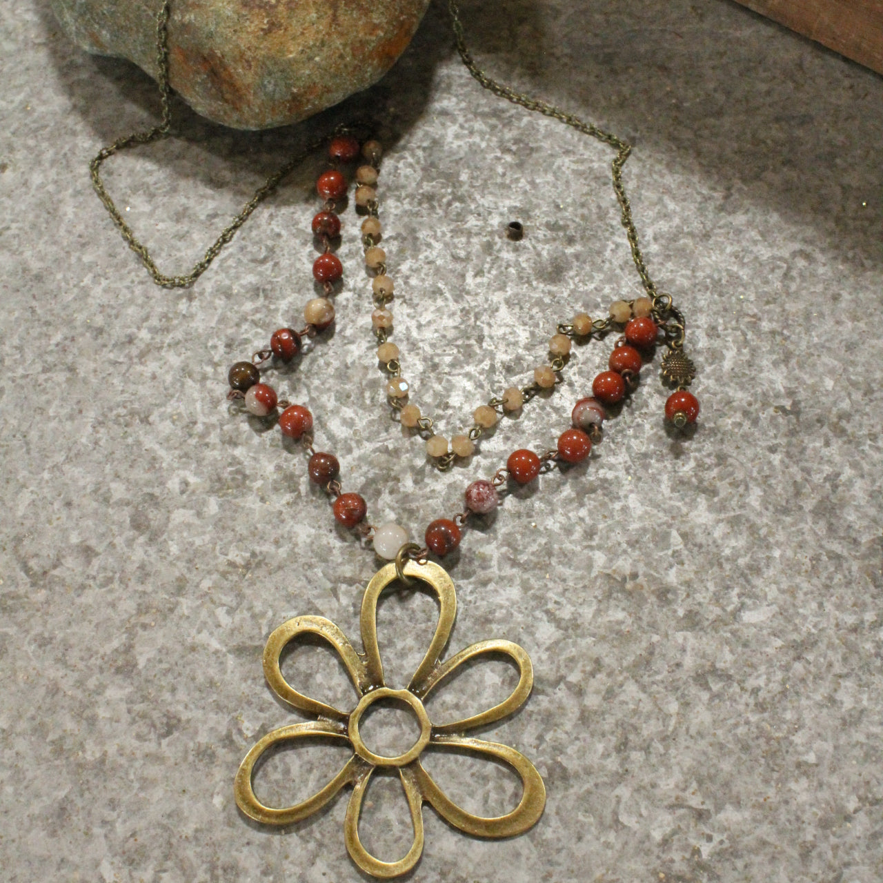 Stone Layered Vintage Bronze Drop Flower Pendant Necklace