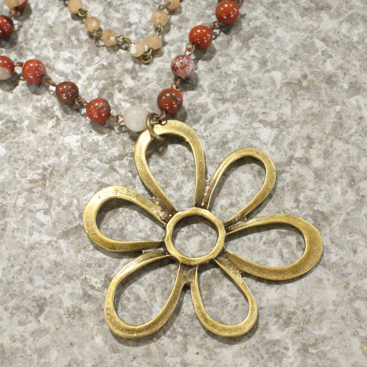 Stone Layered Vintage Bronze Drop Flower Pendant Necklace