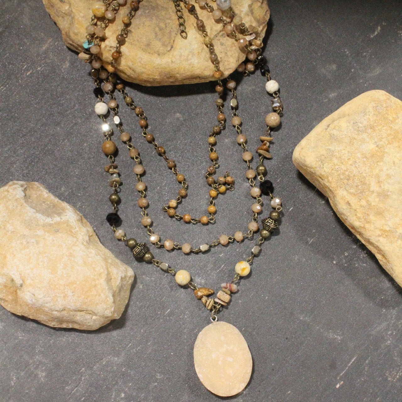 Bohemian Layered Earth Tone Stone Necklace