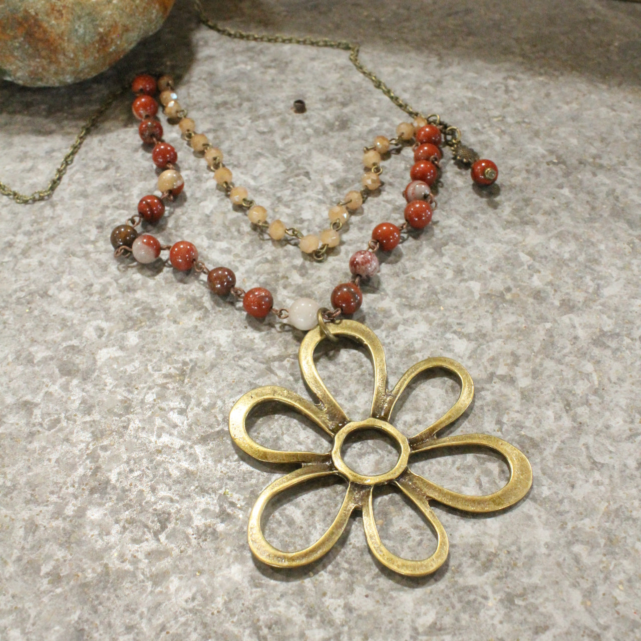 Stone Layered Vintage Bronze Drop Flower Pendant Necklace