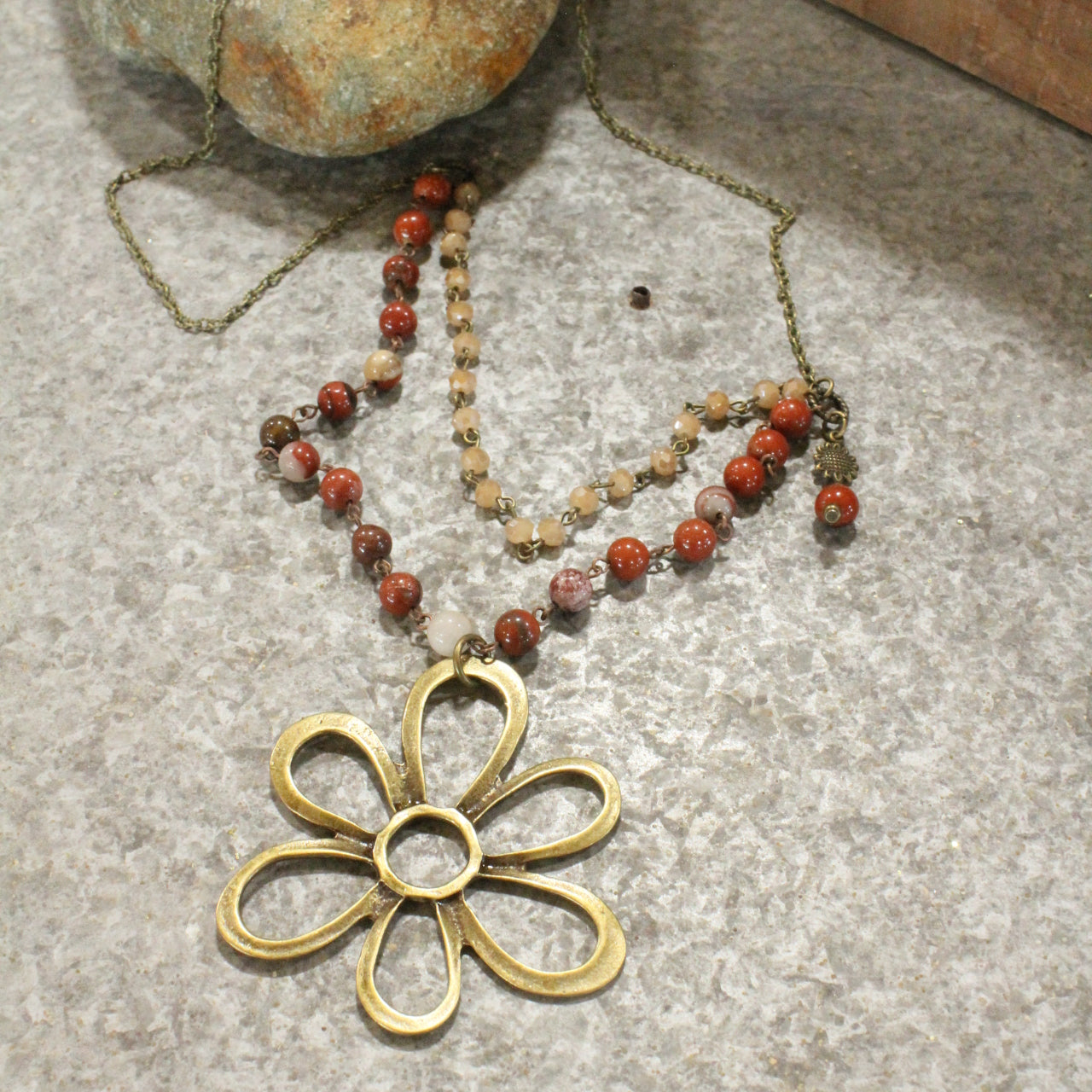 Stone Layered Vintage Bronze Drop Flower Pendant Necklace