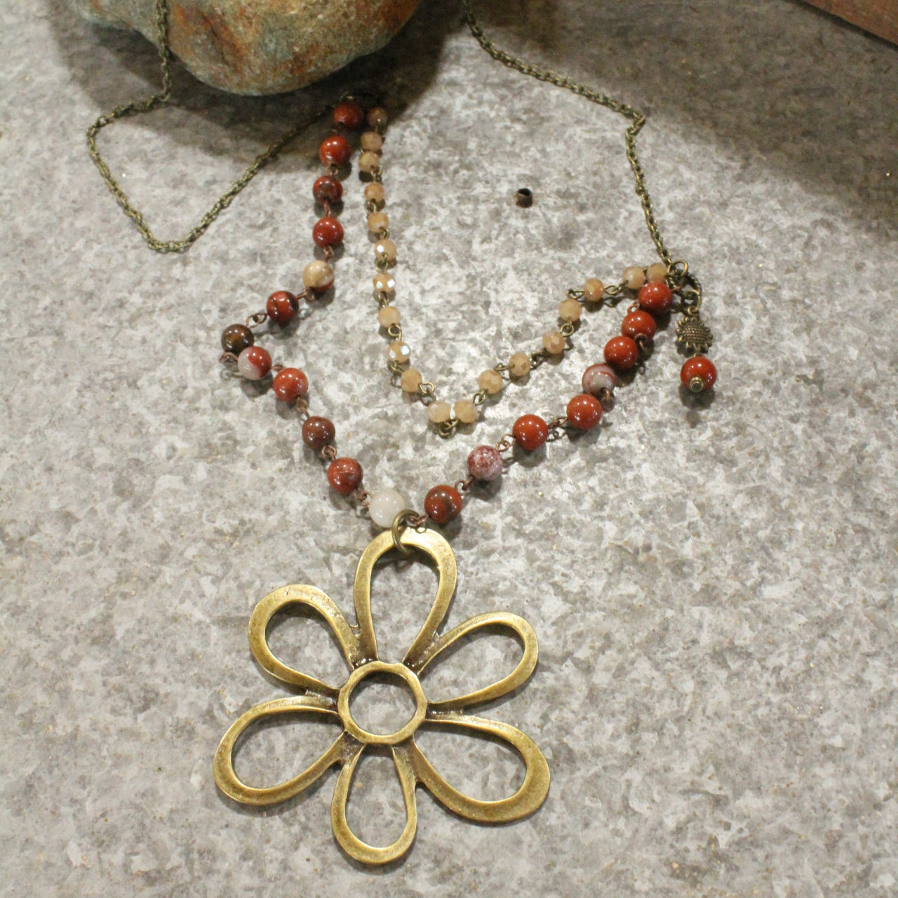 Stone Layered Vintage Bronze Drop Flower Pendant Necklace