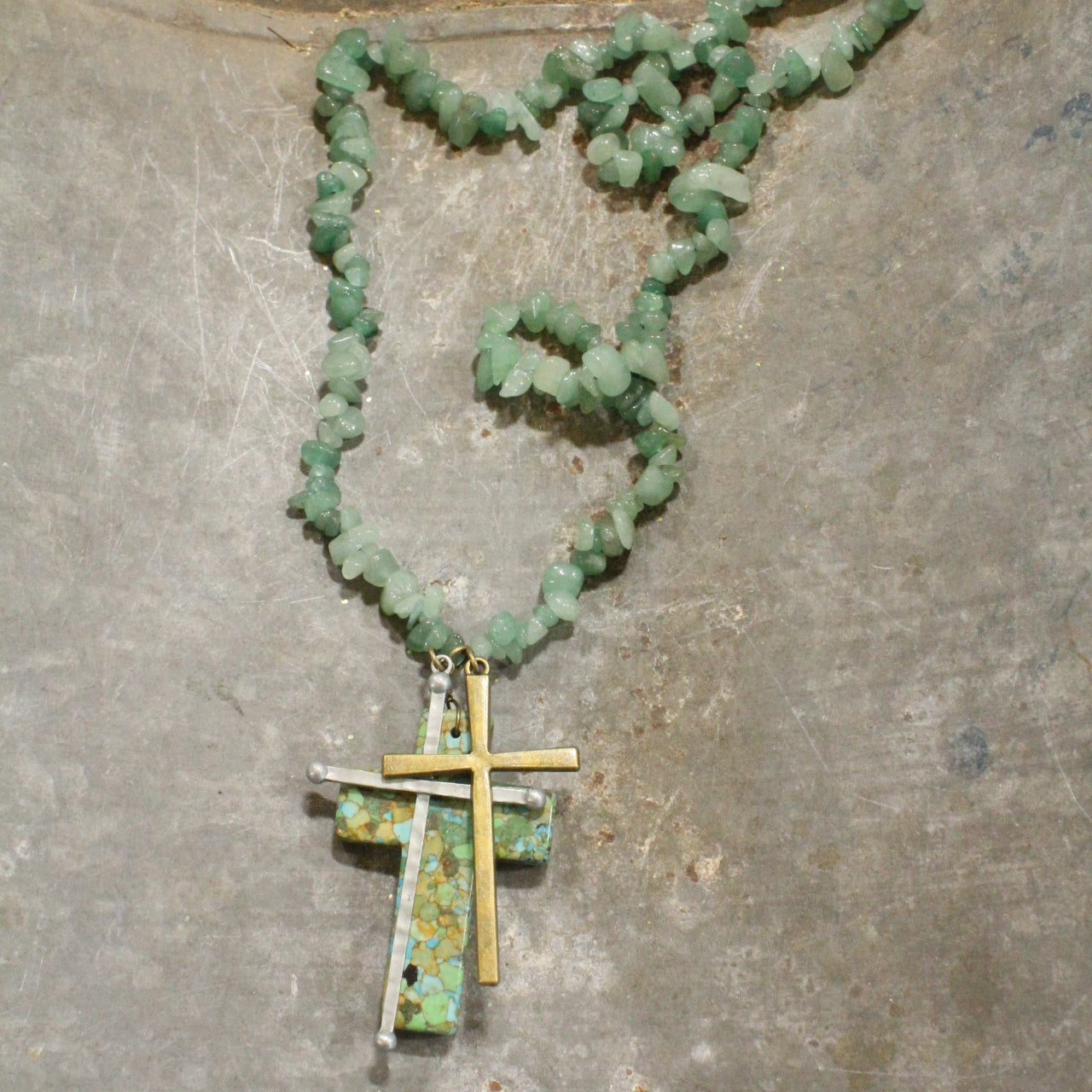 Mint Green Chippy Bead Cross Charm Necklace