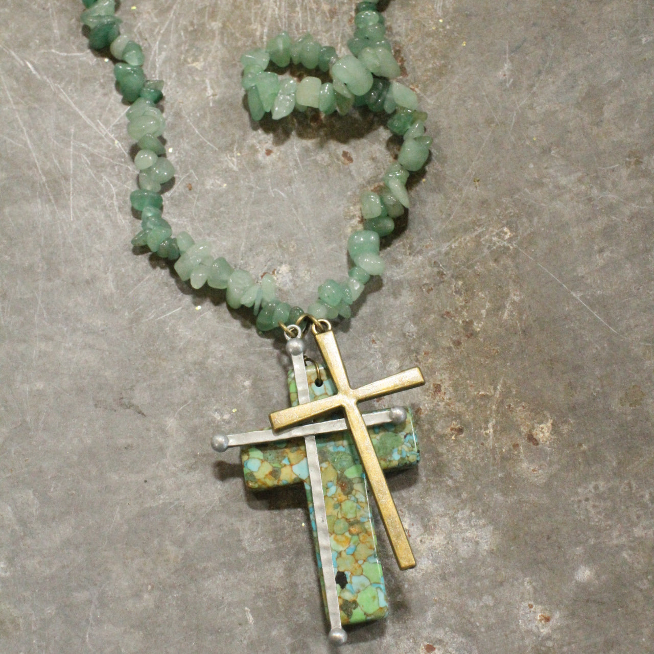 Mint Green Chippy Bead Cross Charm Necklace