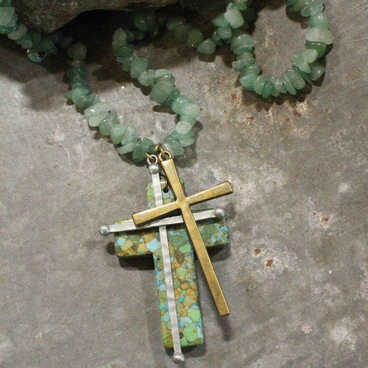 Mint Green Chippy Bead Cross Charm Necklace