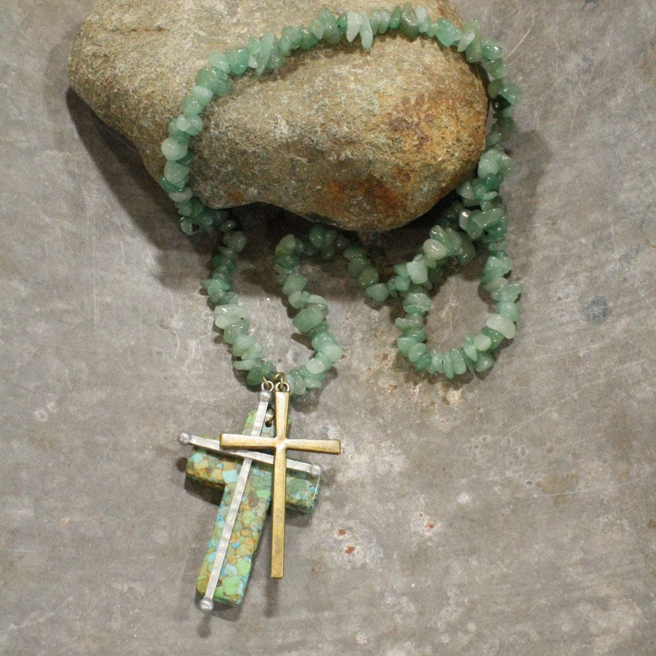 Mint Green Chippy Bead Cross Charm Necklace