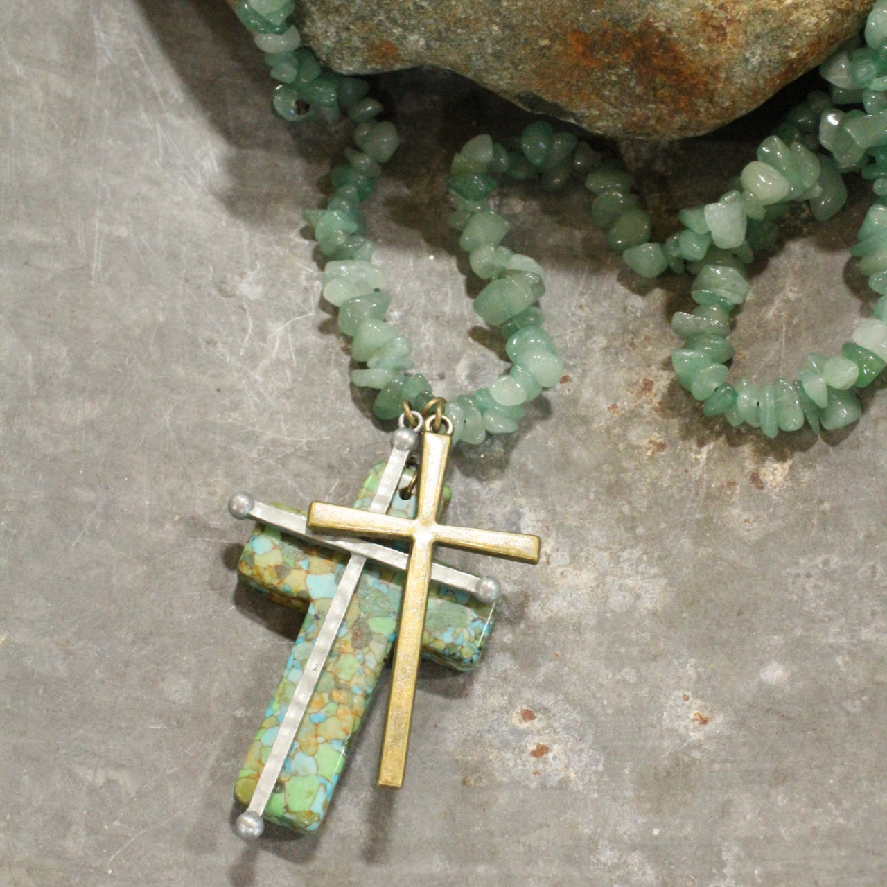 Mint Green Chippy Bead Cross Charm Necklace