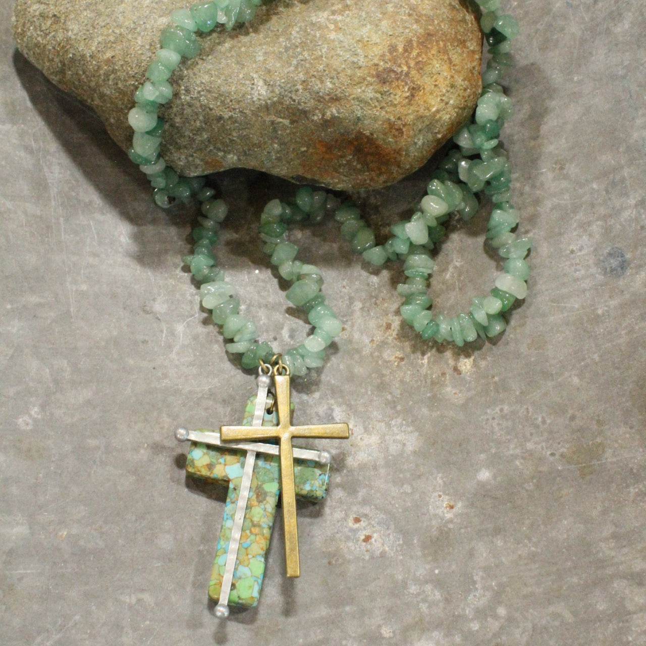 Mint Green Chippy Bead Cross Charm Necklace