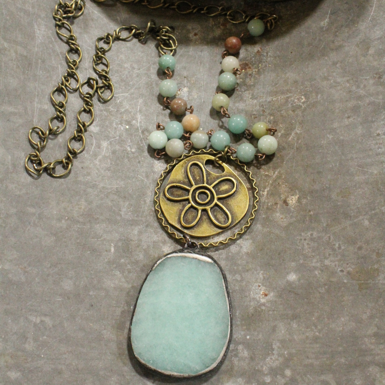 Stone & Bronze Vintage Flower Drop Pendant Necklace