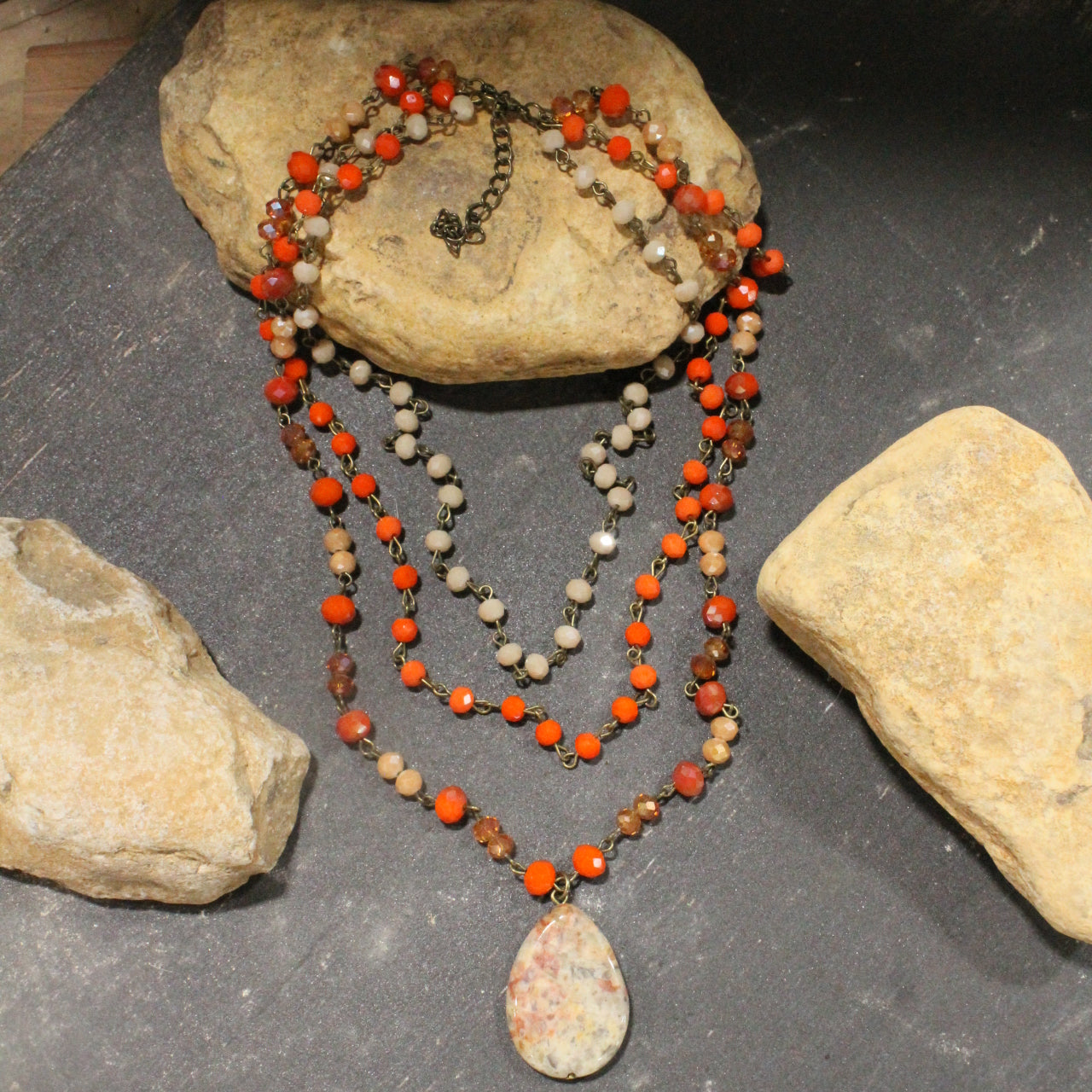 Bohemian Layered Orange Grove Stone Necklace