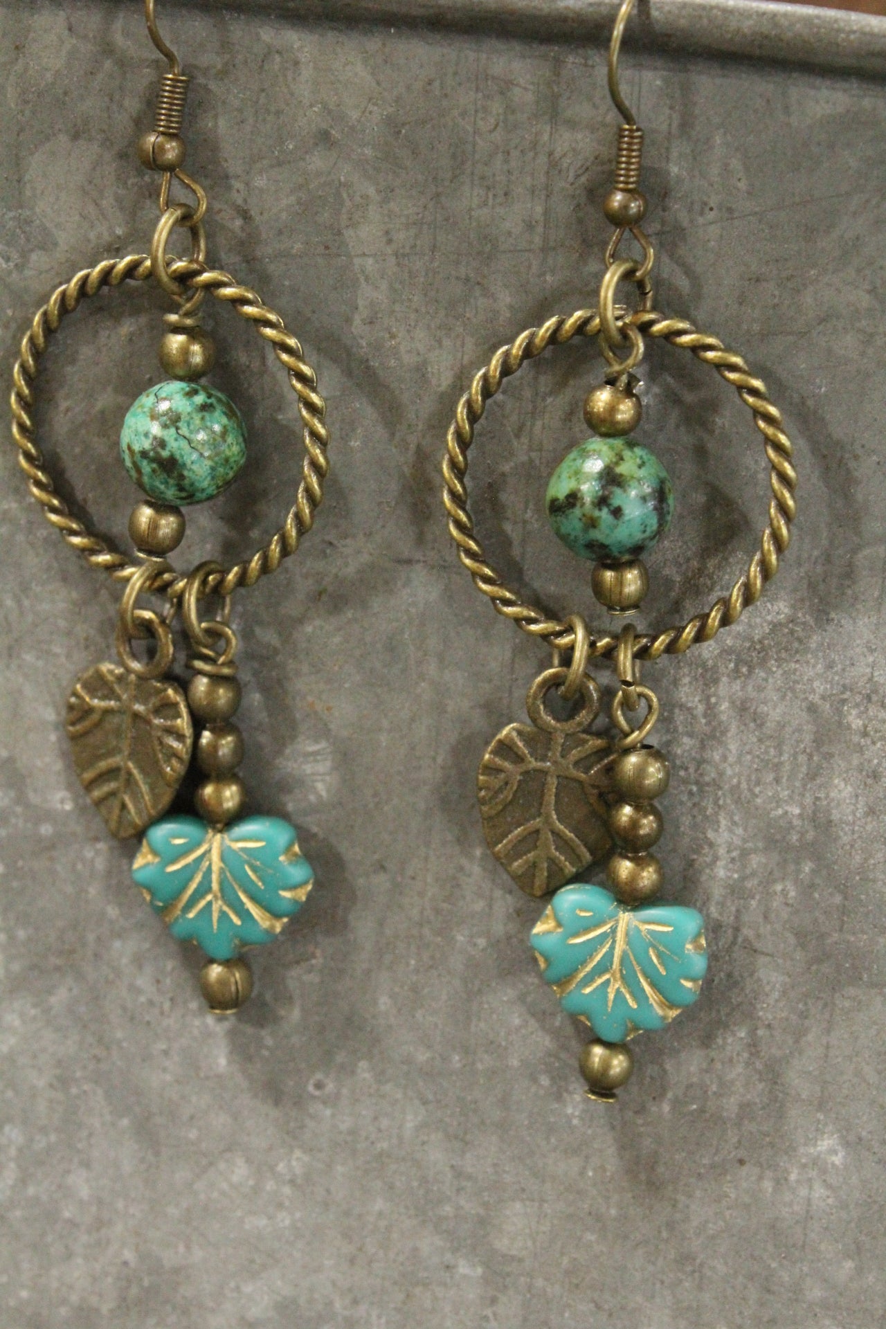 Jade & Czech Fall Leaves Drop Earrings