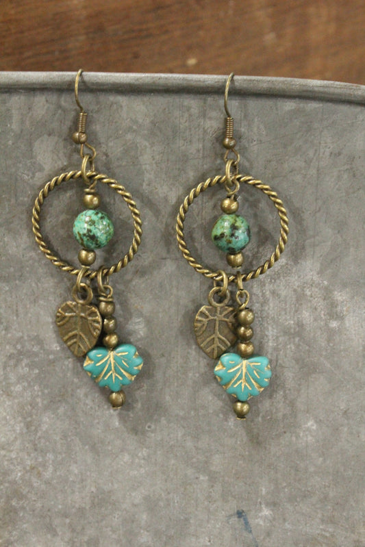 Jade & Czech Fall Leaves Drop Earrings