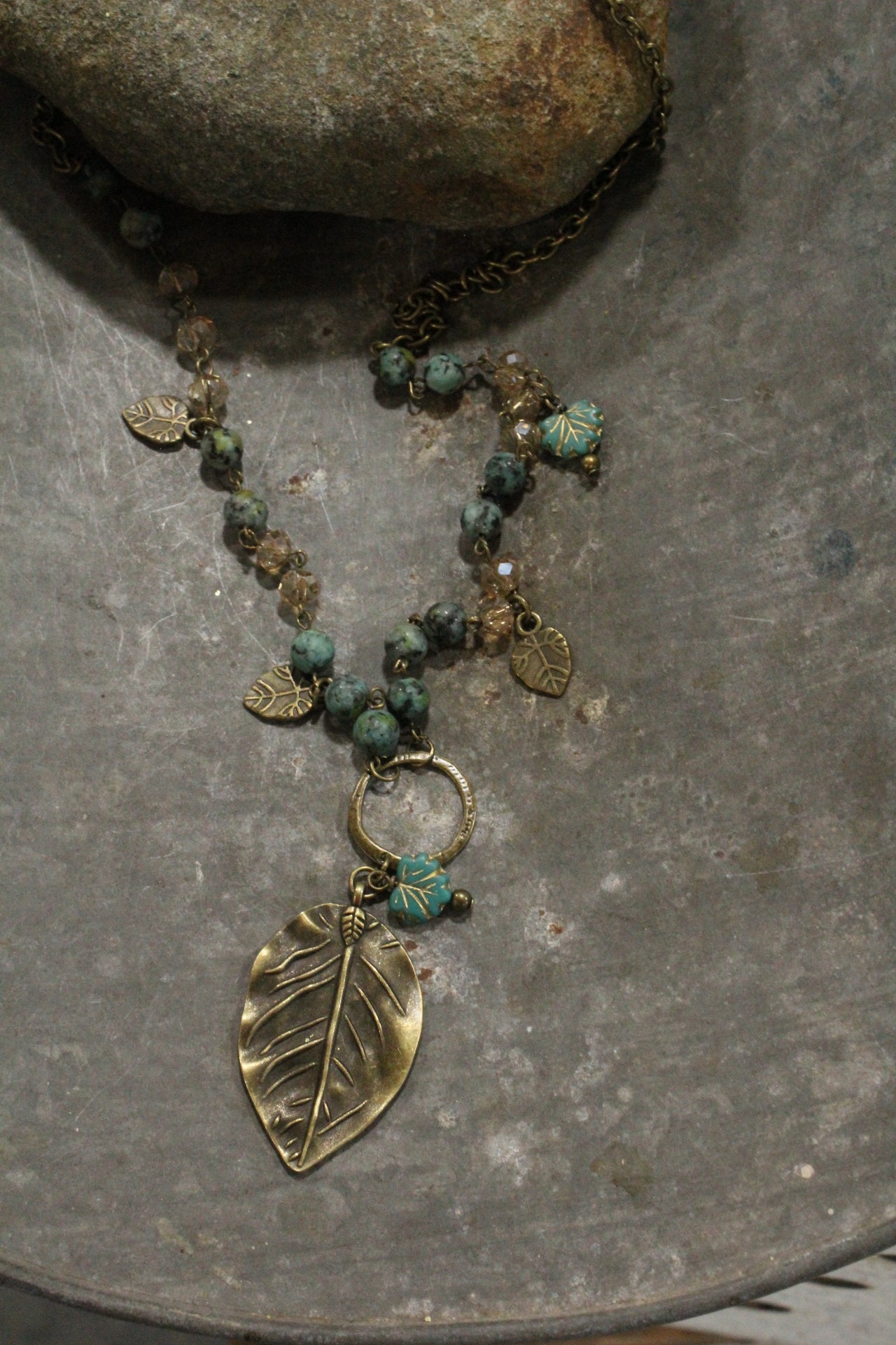 Jade & Czech Fall Leaves Drop Necklace