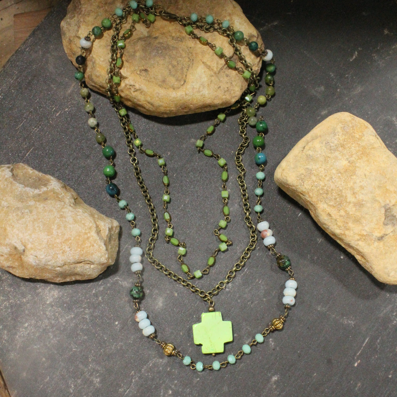 Bohemian Layered Green Stone Cross Necklace