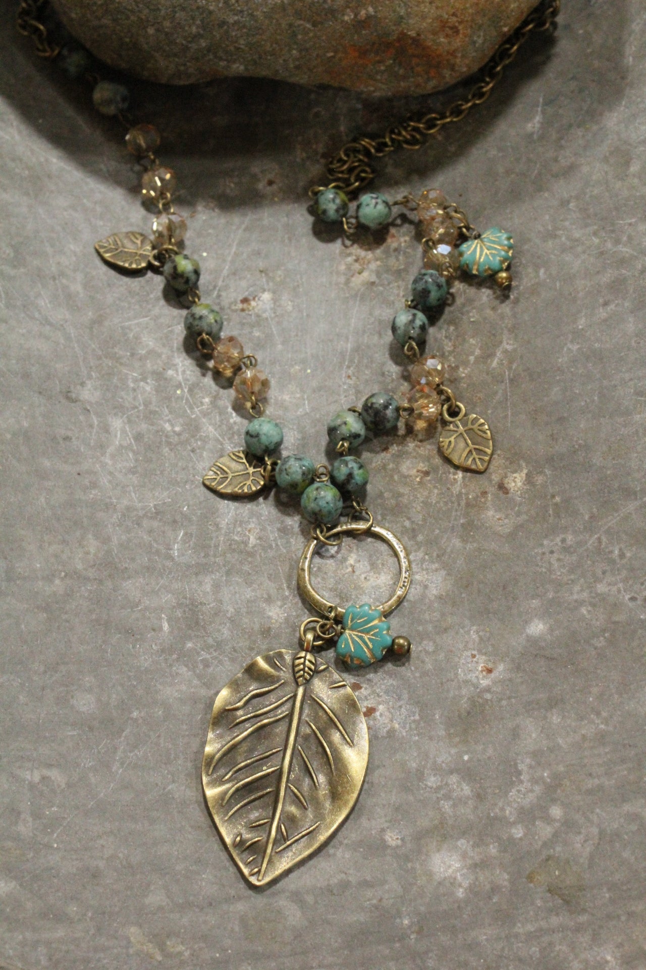 Jade & Czech Fall Leaves Drop Necklace