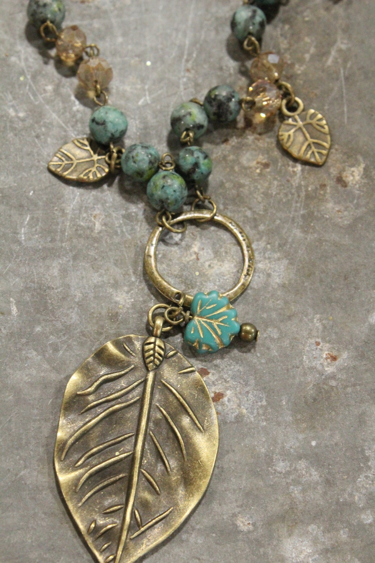 Jade & Czech Fall Leaves Drop Necklace