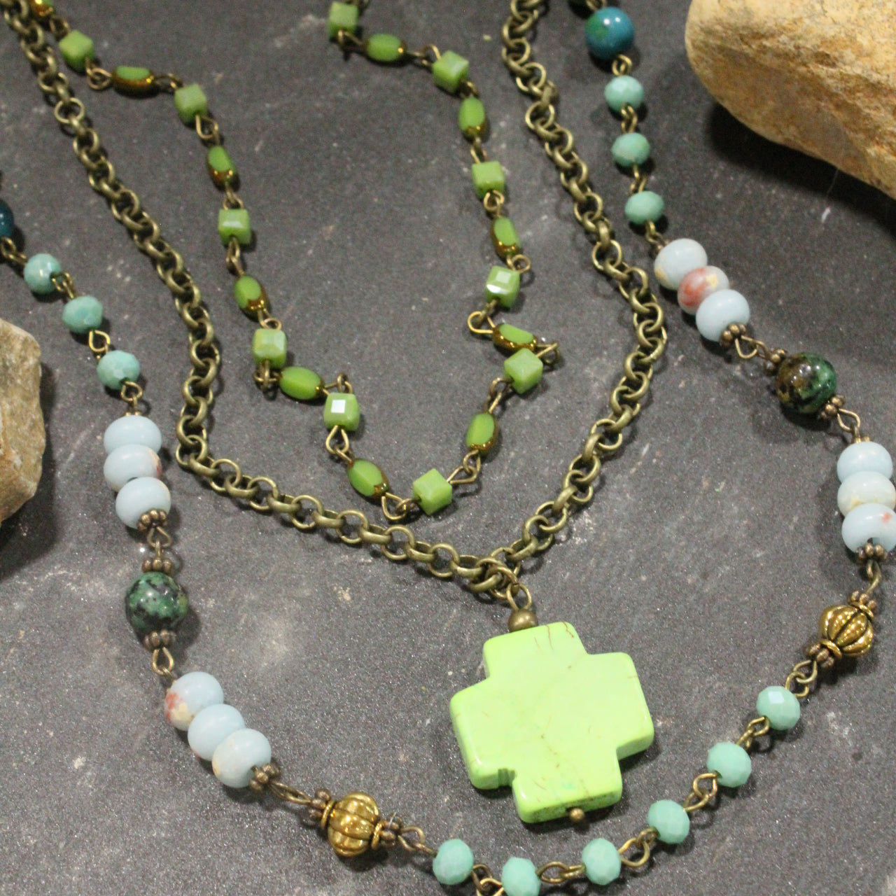 Bohemian Layered Green Stone Cross Necklace