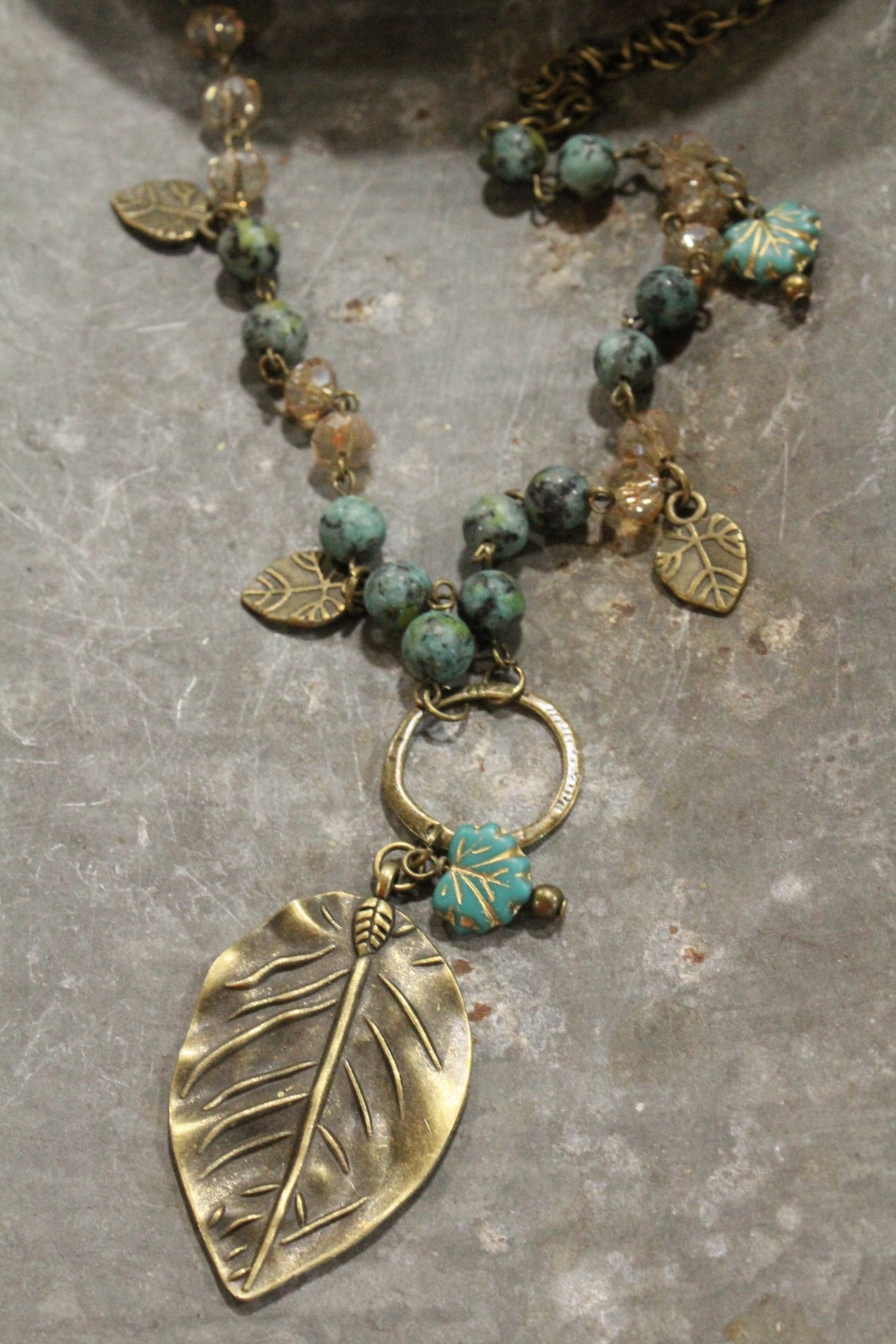 Jade & Czech Fall Leaves Drop Necklace