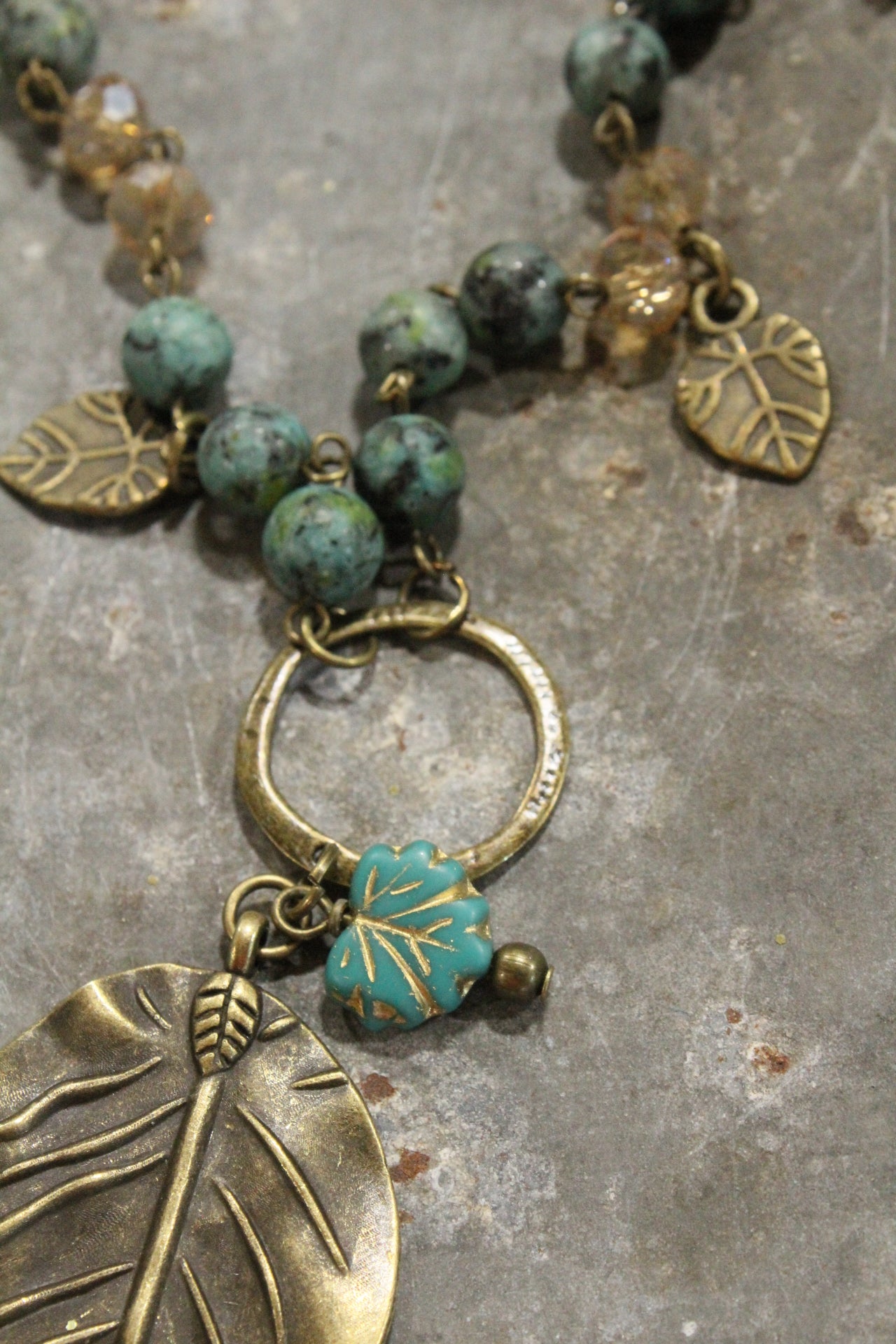 Jade & Czech Fall Leaves Drop Necklace