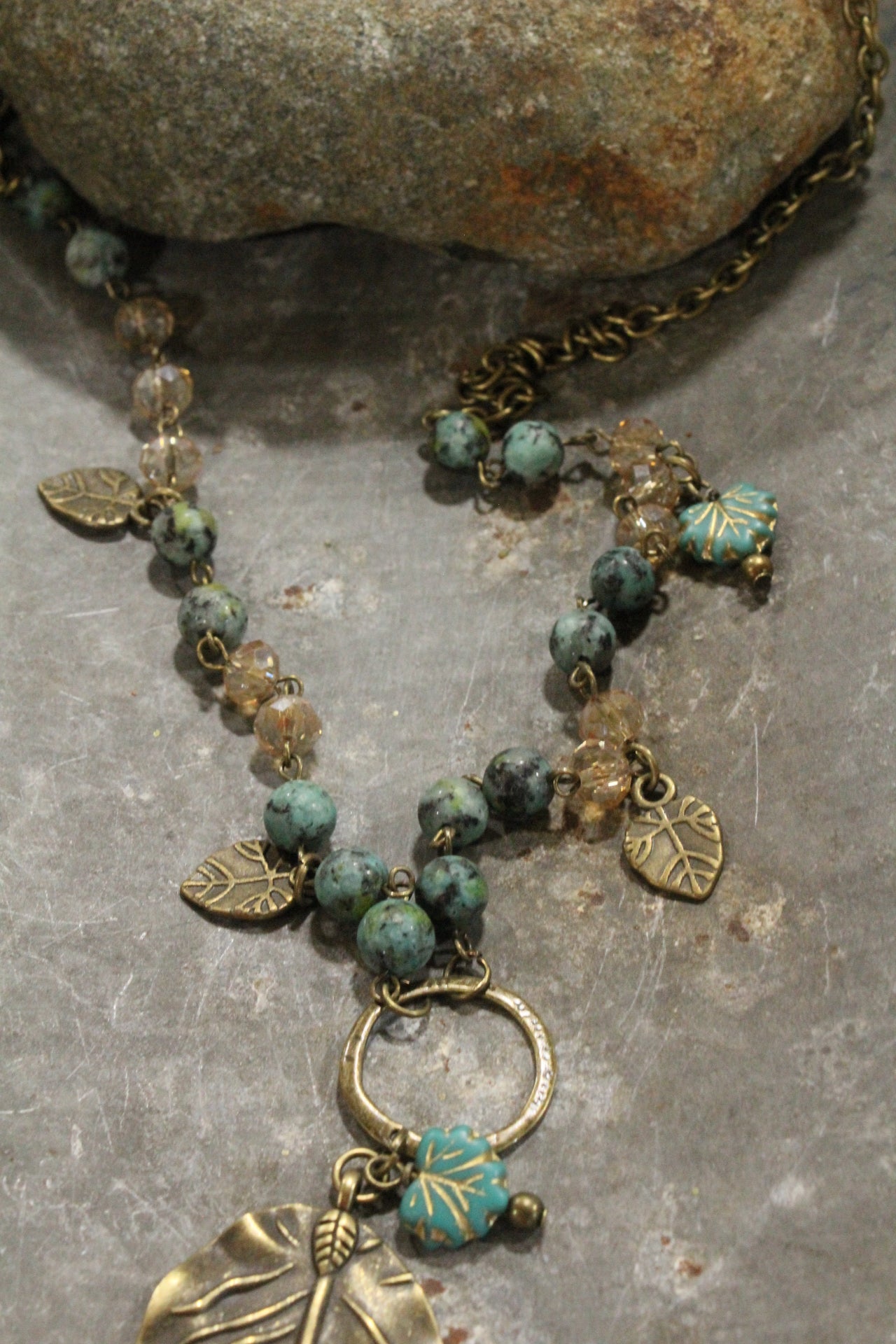 Jade & Czech Fall Leaves Drop Necklace