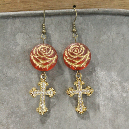 Golden Glow Cross & Red Rose Dangle Earrings