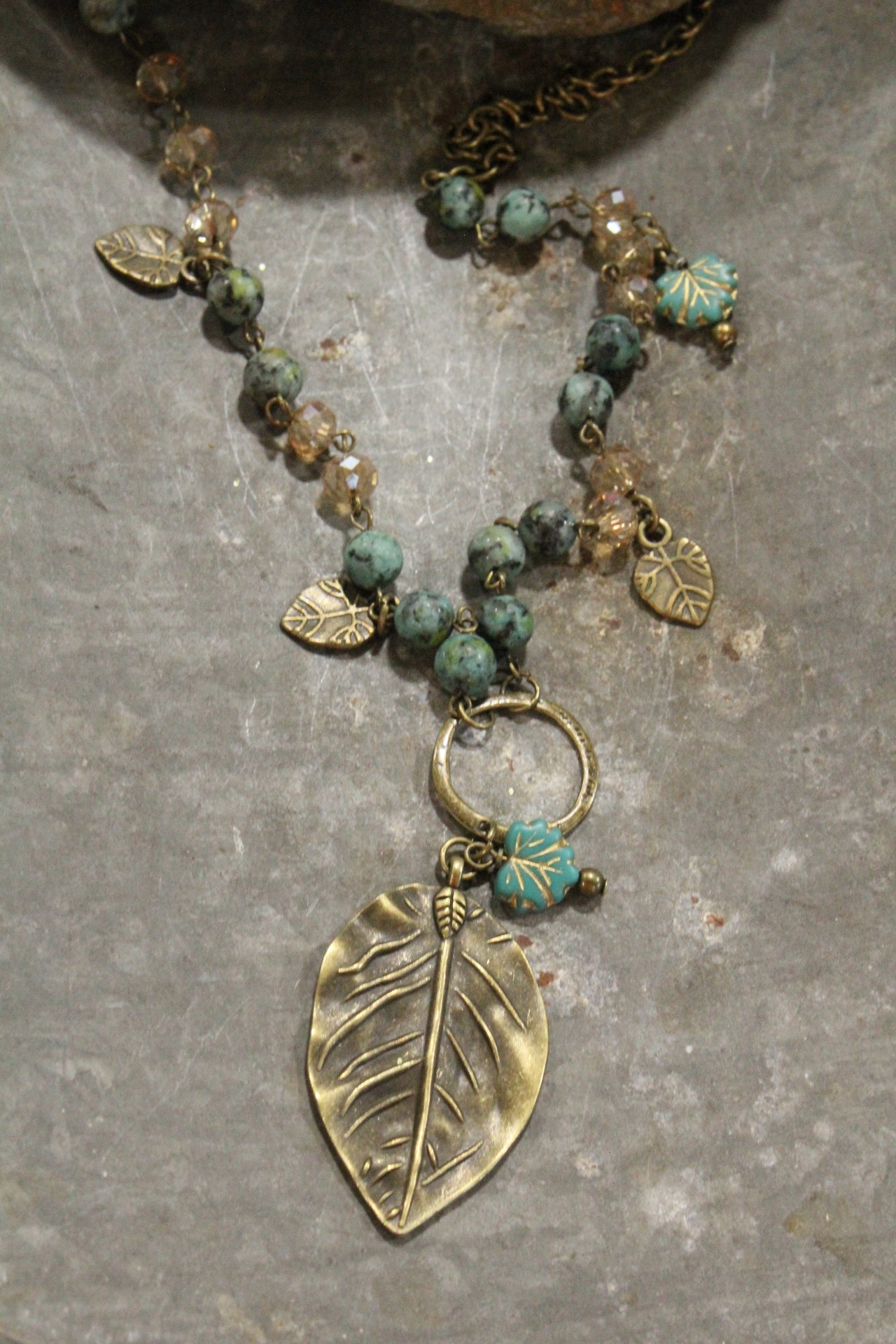 Jade & Czech Fall Leaves Drop Necklace