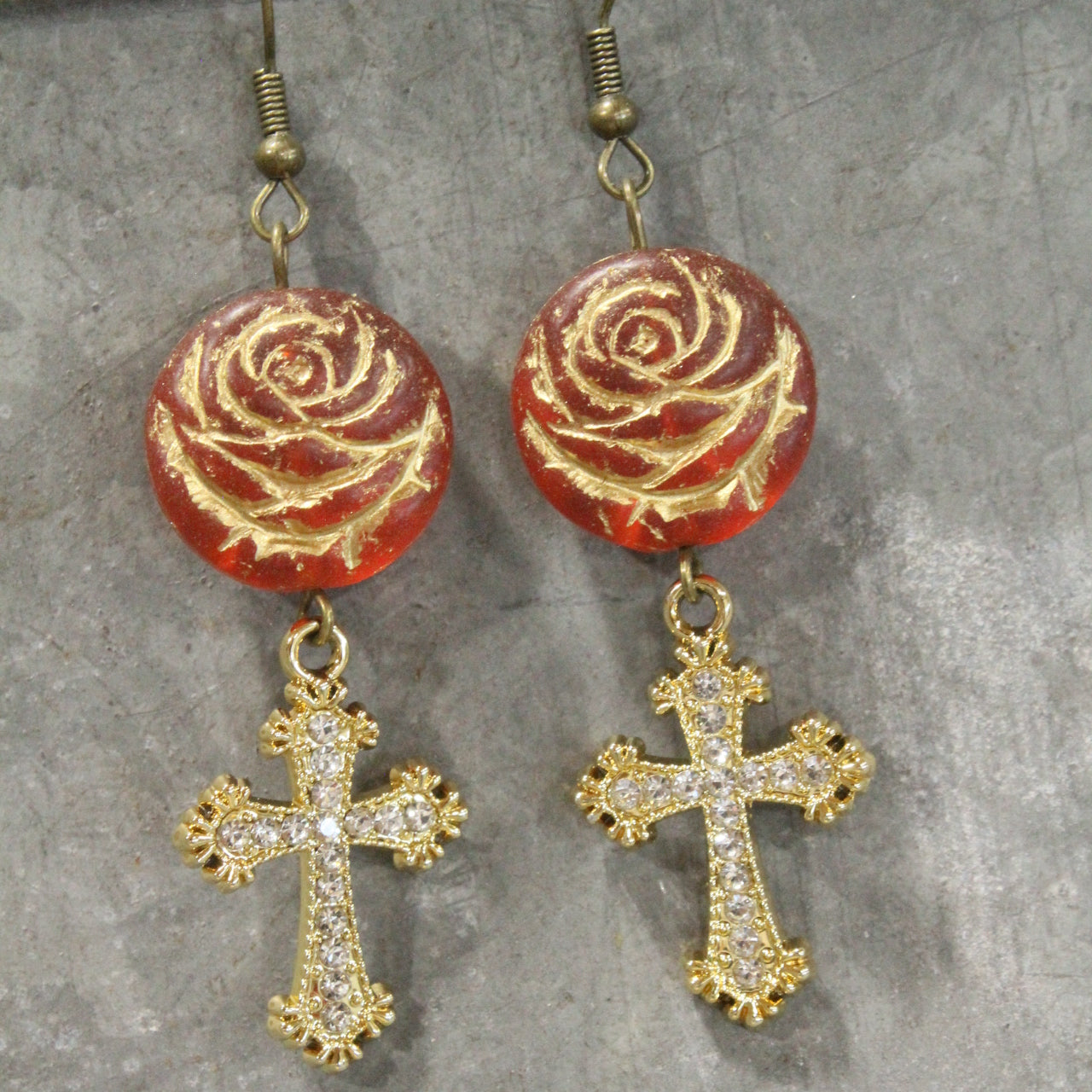 Golden Glow Cross & Red Rose Dangle Earrings