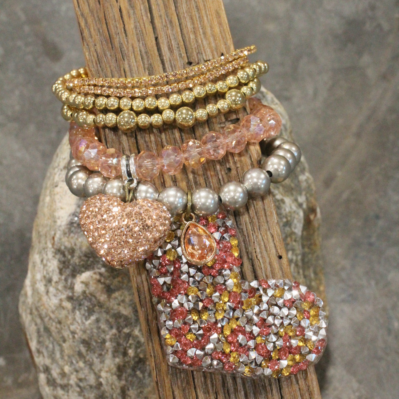 Golden Glow Heart Sparkling Charm'd Bracelet Set