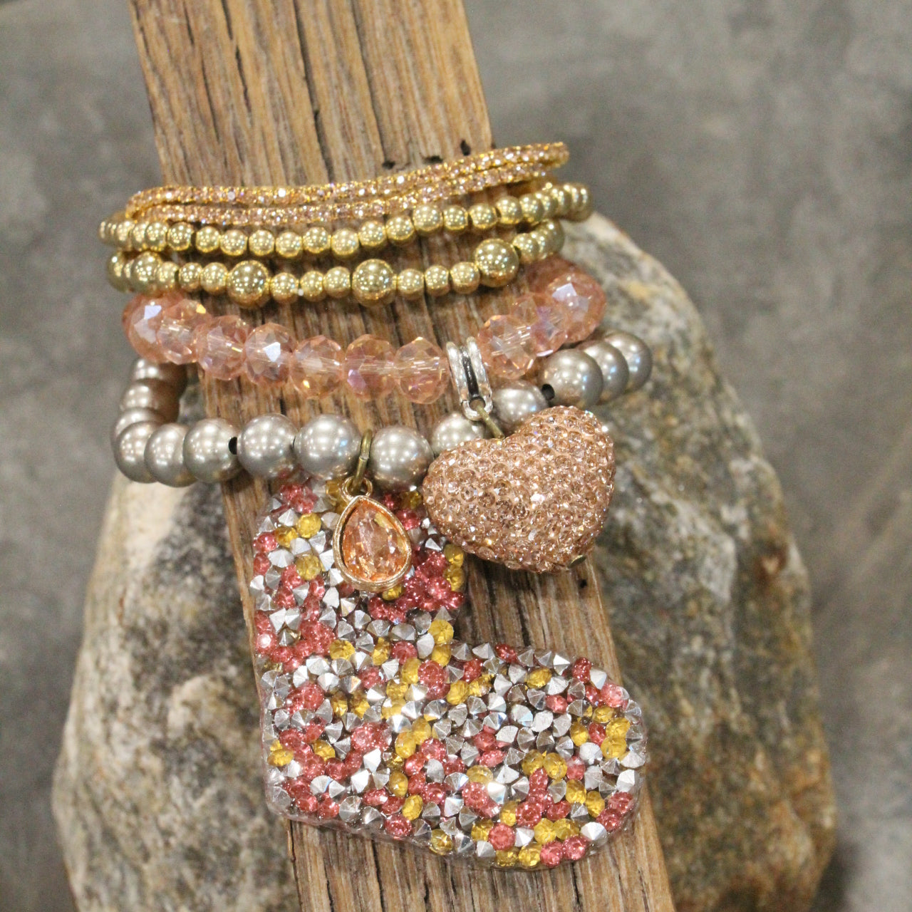 Golden Glow Heart Sparkling Charm'd Bracelet Set